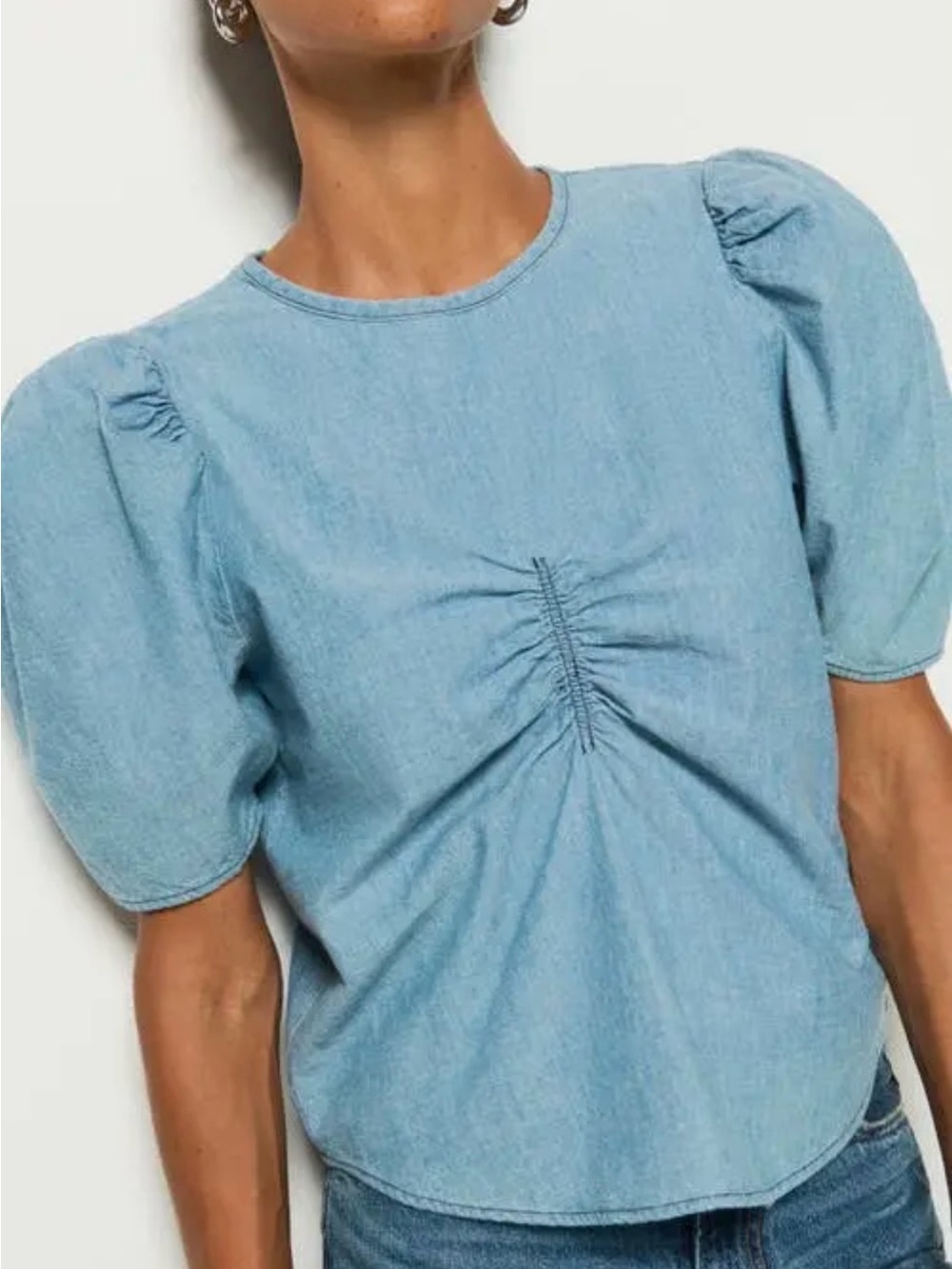 Nation LTD Cecily Blue Chambray Puff Sleeve Organic Cotton Top S - Picture 3 of 14